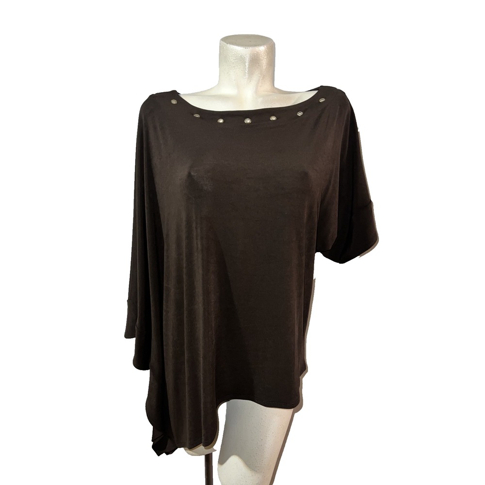 Chicos Travelers Brown Asymmetric Grommet‎ Boat Neck Tunic Top Size 2 NEW